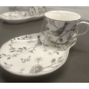 NEW-2 Grace Teaware Porcelain Teacup/Snack Plate Gray/White Bird & Floral